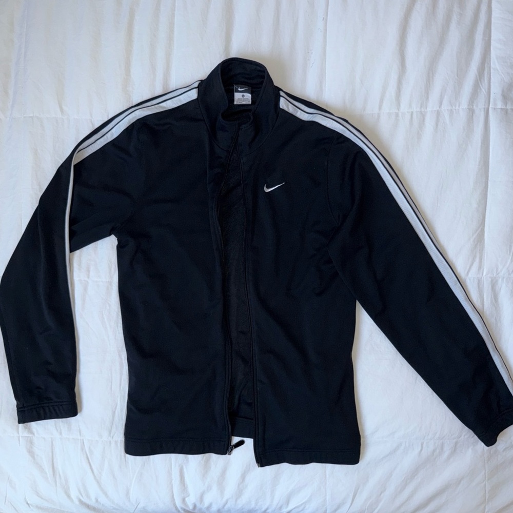Black Nike Full-Zip Track Jacket With White Stripes & Pockets